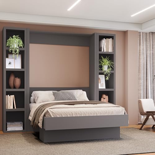 Queen Murphy Wall Bed in Brown Wood Grain with Two Bookshelves P330