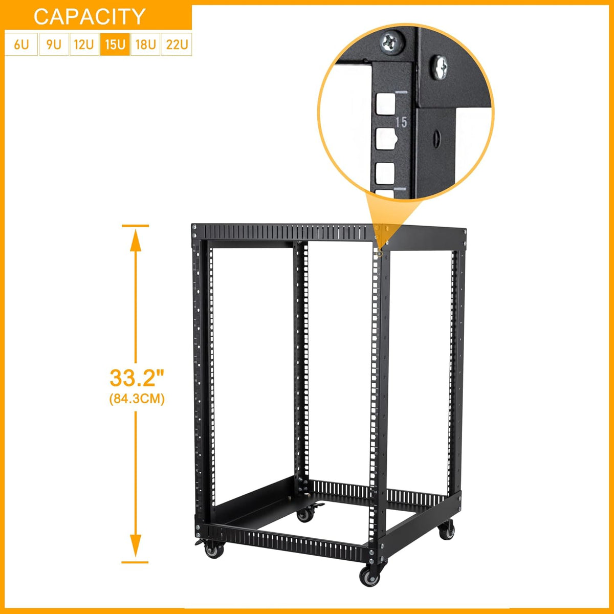 12U Open Frame Server Rack with Casters, 4 Post, 19-inch, Black D500