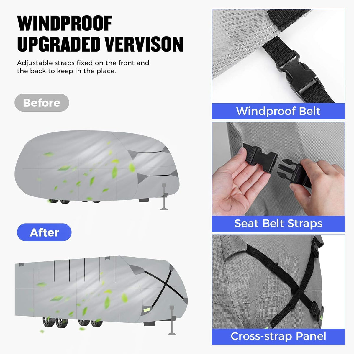 Gray Windproof Travel Trailer RV Snow Cover with Jack Cover & Patch Kit E6156