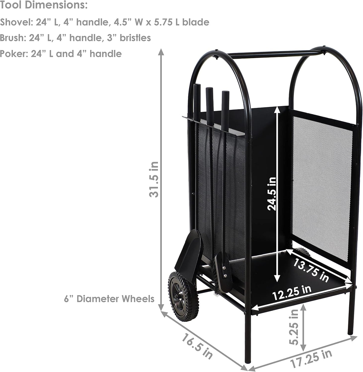 Wrought Iron Firewood Rack with Poker, Shovel and Brush Tools O15091