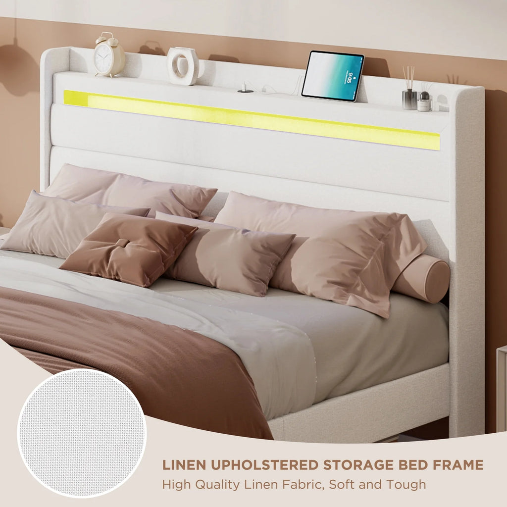Queen Size White Linen Upholstered Platform Bed with Storage Headboard O2373