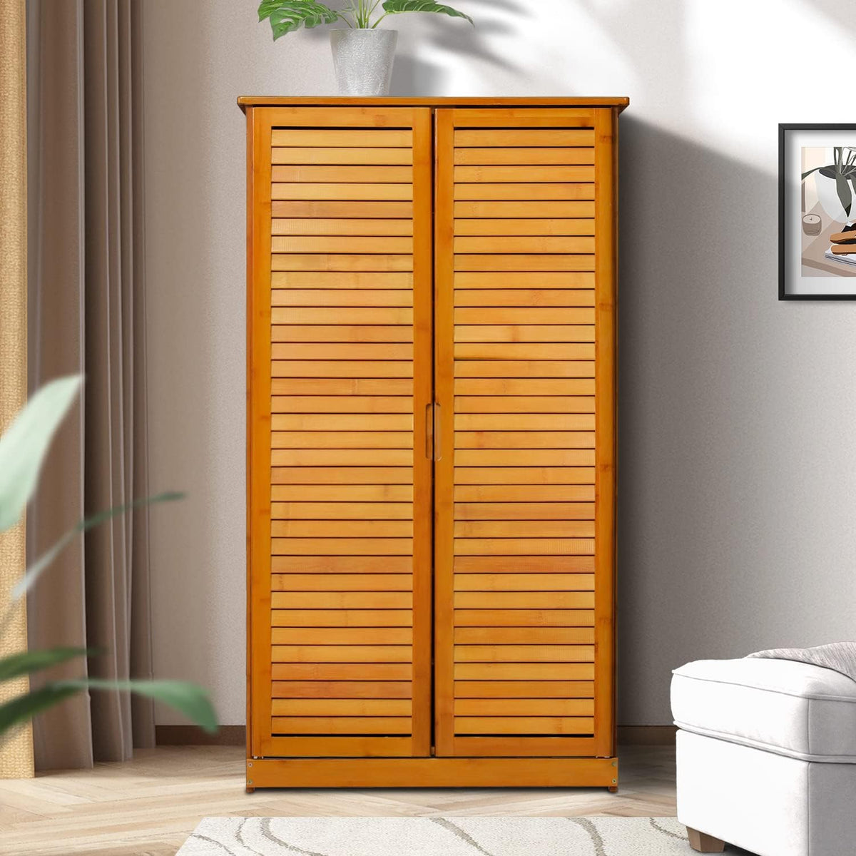 Brown Bamboo Shoe Storage Cabinet with Double Shutter Doors L72298