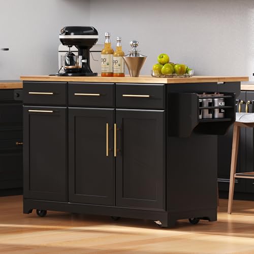 Black Farmhouse Kitchen Island with Drop Leaf, Barn Door, 3 Drawers, Adjustable Shelf, Spice Rack, 56" E152