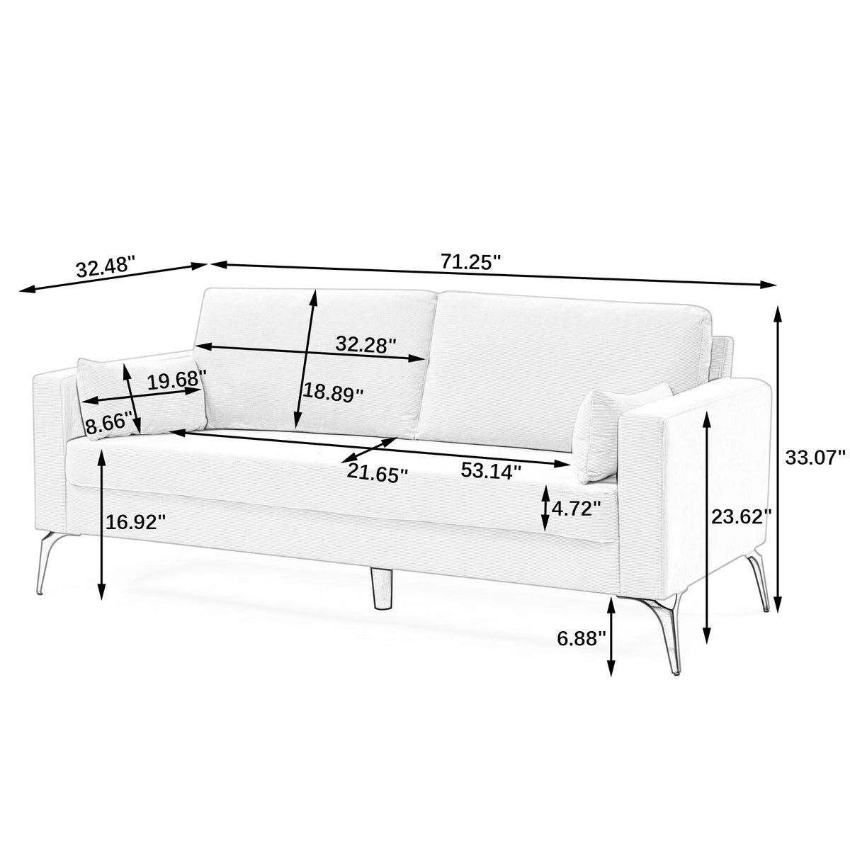 Navy Corduroy 3-Seater Sofa with Two Small Pillows W628