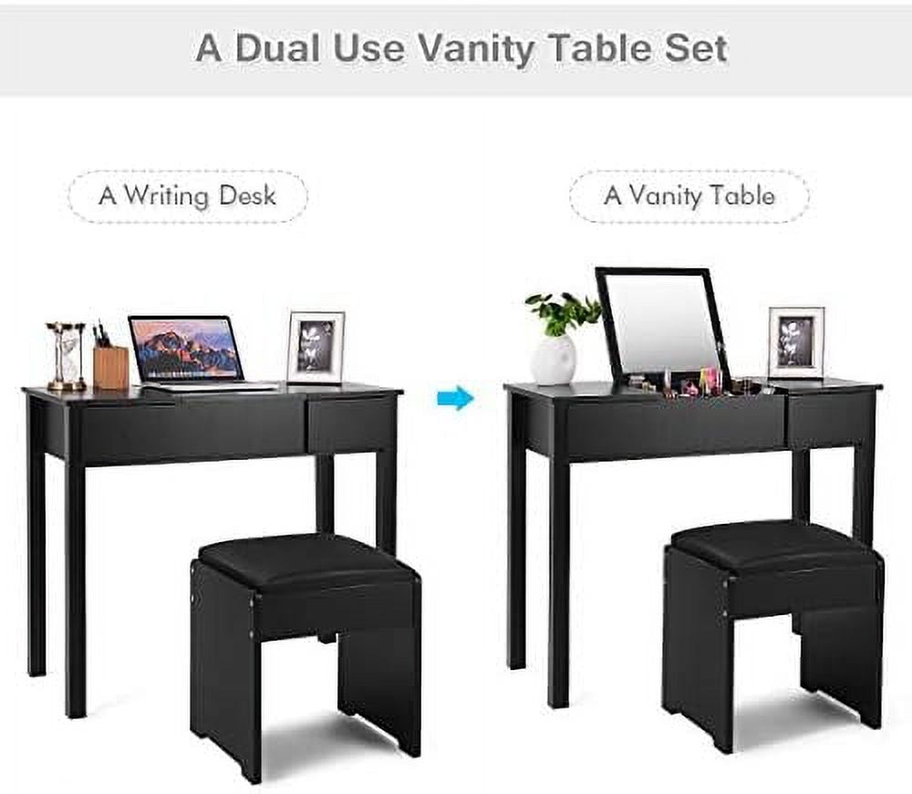 Black Vanity Set with Flip Top Mirror and Cushioned Stool Q4799