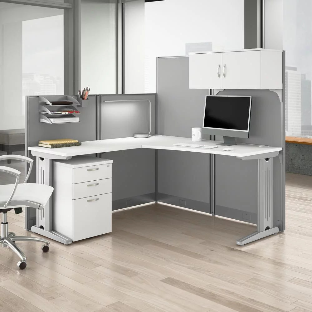 L Cubicle Desk with Storage in Pure White Engineered Wood Q787
