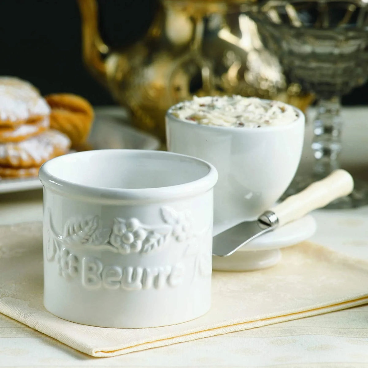 White Raised Floral French Ceramic Butter Dish Keeper J388905