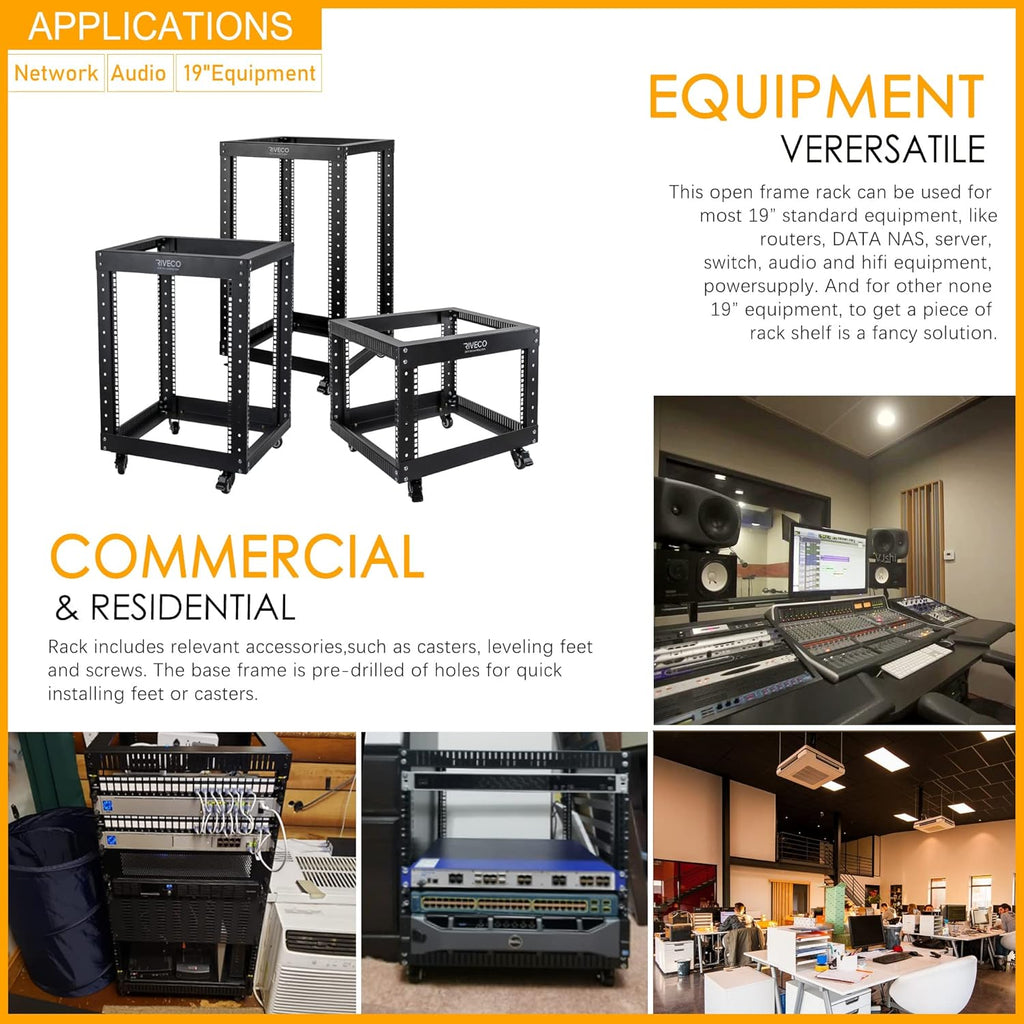 12U Open Frame Server Rack with Casters, 4 Post, 19-inch, Black D500