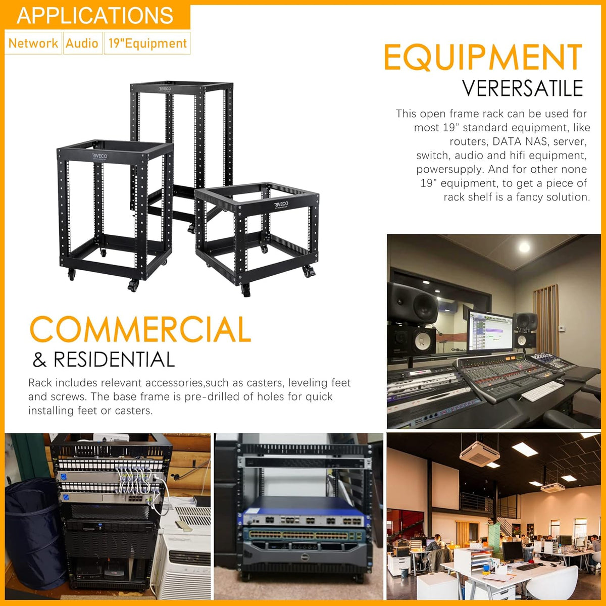 12U Open Frame Server Rack with Casters, 4 Post, 19-inch, Black D500