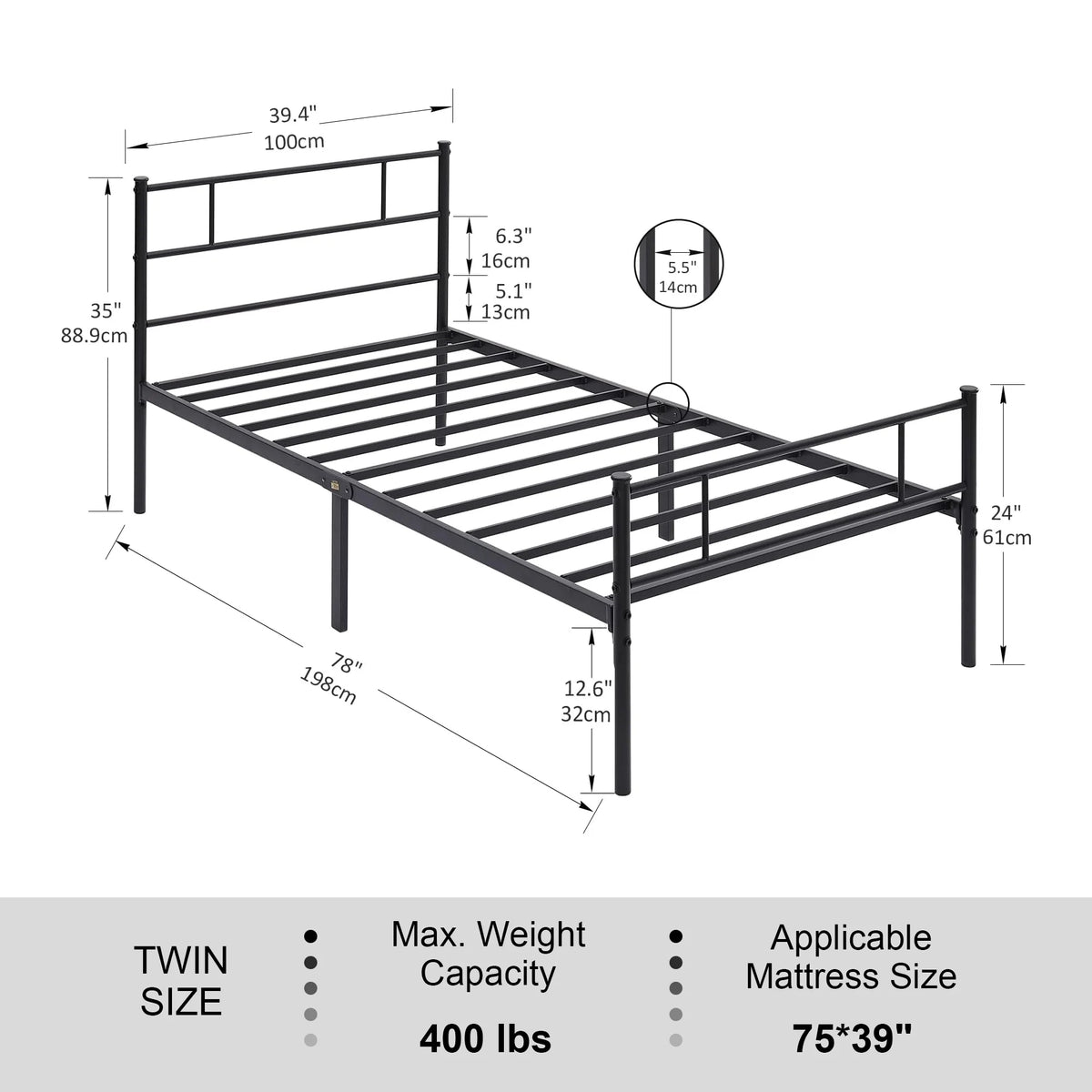Twin Size Black Metal Platform Bed Frame with Headboard and Footboard H94940