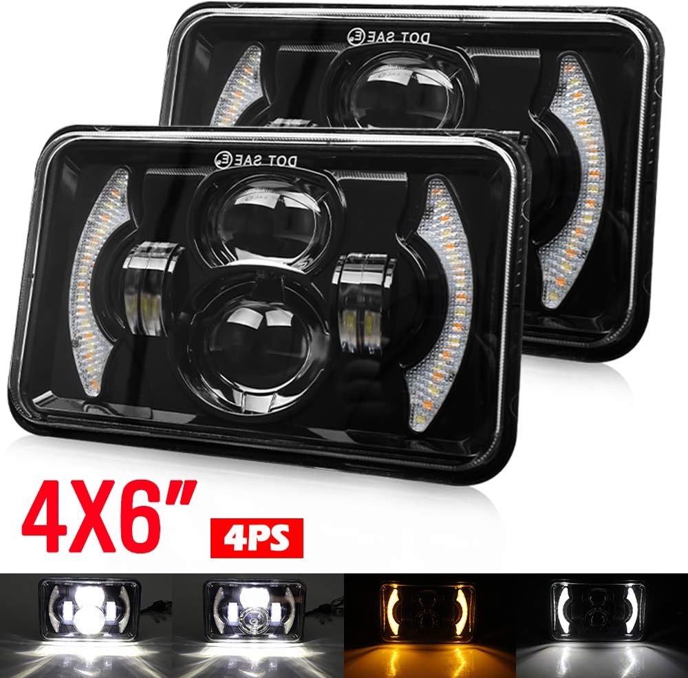 2pcs 4x6 Inch LED Headlights Sealed Beam 80W Amber Halo Rectangular Replacement Pack of 2 C2018