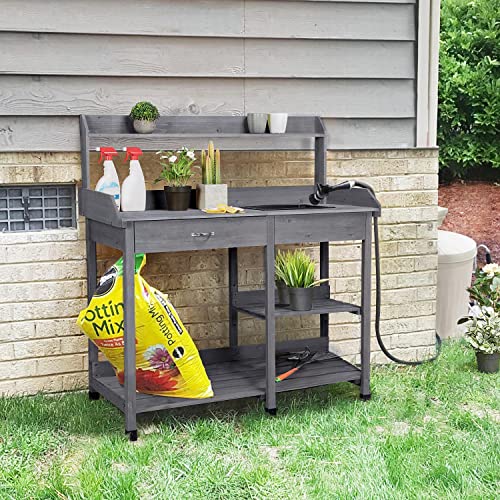Natural Wood Potting Bench with Sink Drawer Rack Shelves P6531