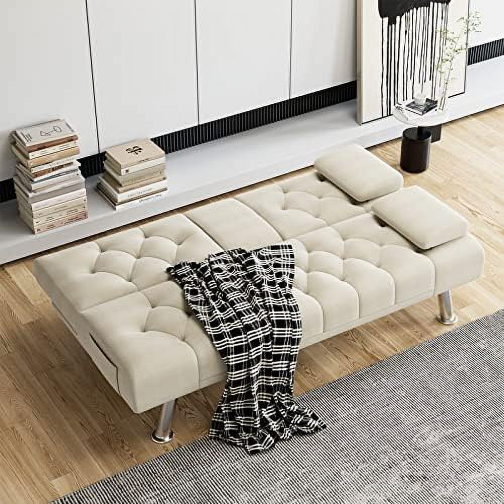 Dark Grey Upholstered Convertible Futon Sofa Bed with Metal Legs I1489