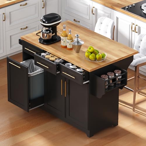 Black Farmhouse Kitchen Island with Drop Leaf, Barn Door, 3 Drawers, Adjustable Shelf, Spice Rack, 56" E152