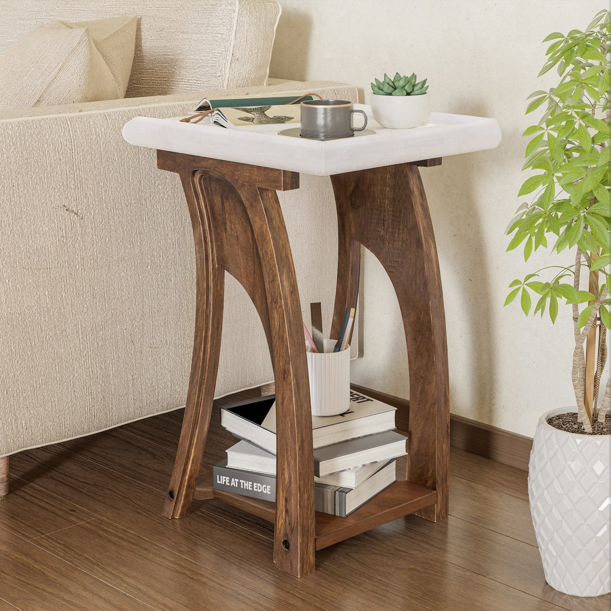 Rustic Tray Top End Table White Brown Rectangle Q7498