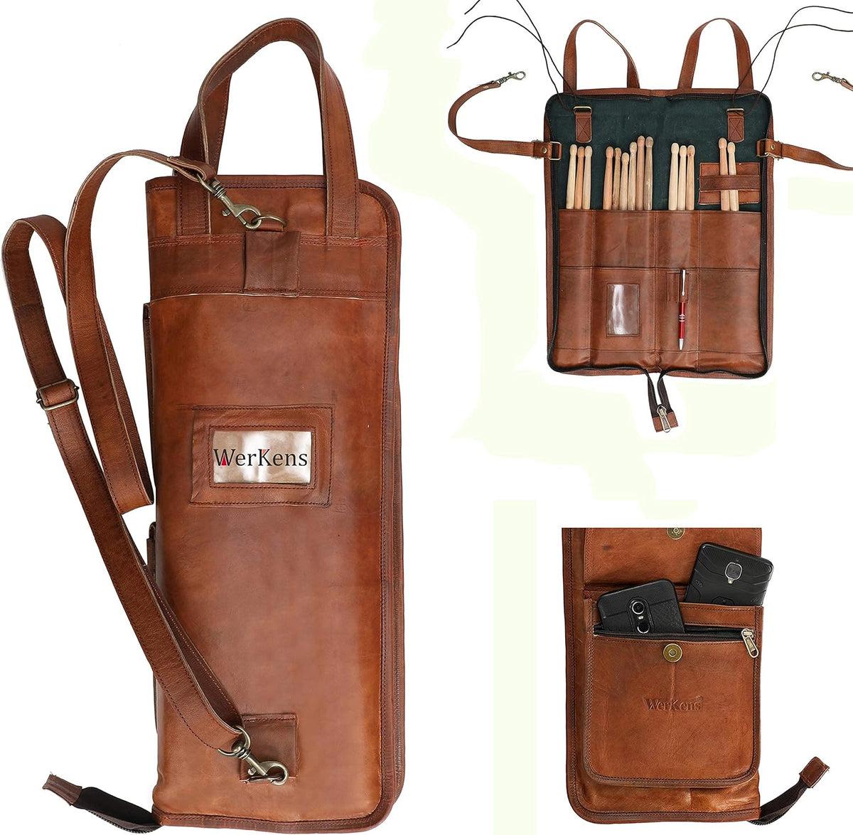 Leather Drumstick Bag Holds 10-12 Pairs Brown Z1365