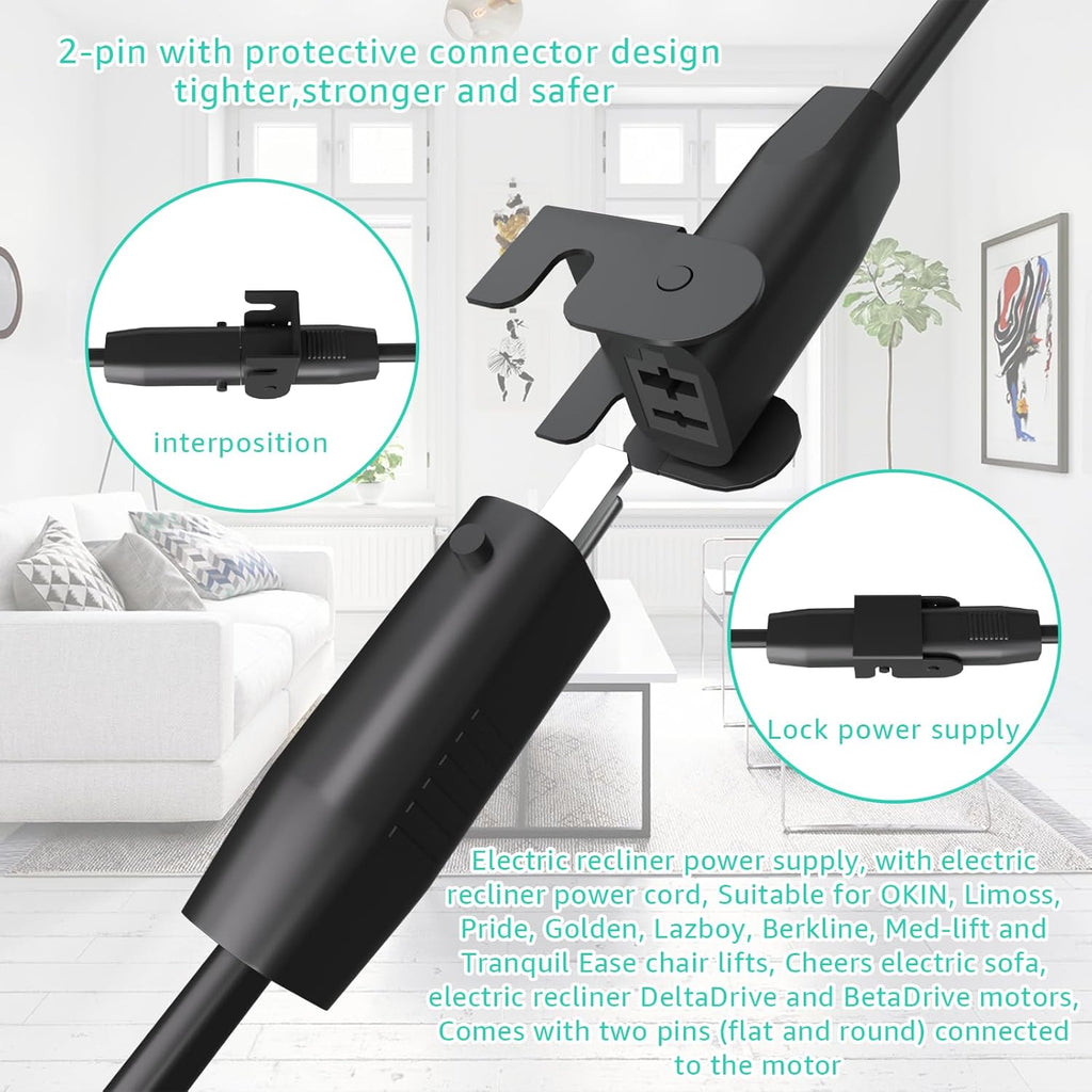 2-Pin 29V2A Power Adapter with Extension Cord for Recliner, Black V27721