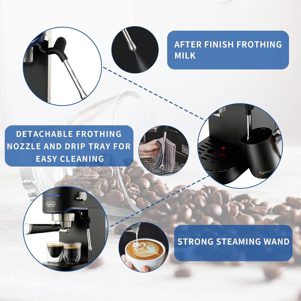 Black Espresso Machine with Milk Steam Frother Wand P492
