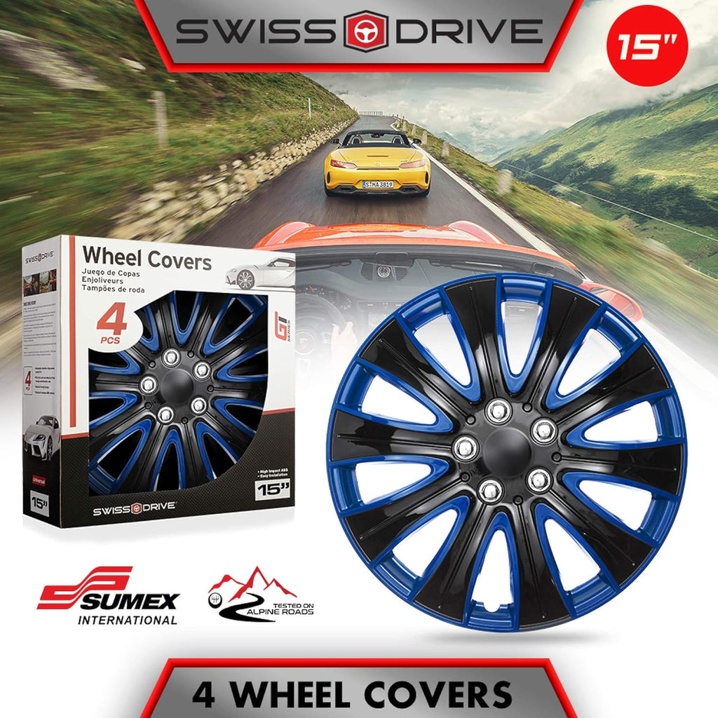 15 Inch Set of 4 Black and Blue Car Wheel Hubcaps W33742