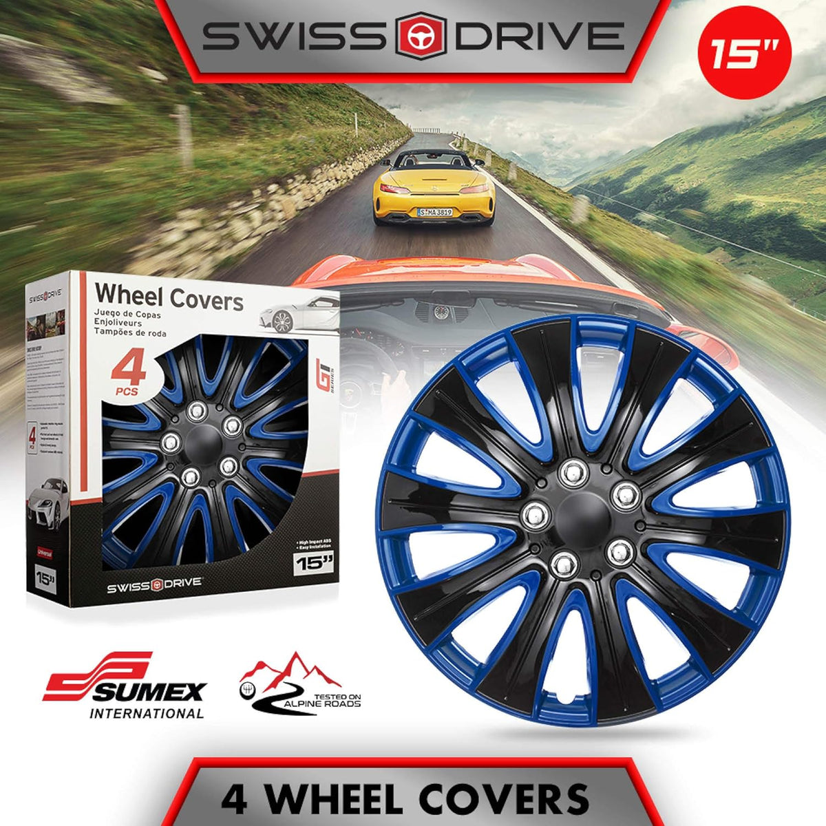 15 Inch Set of 4 Black and Blue Car Wheel Hubcaps W33742