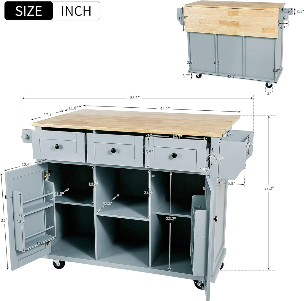 Blue Kitchen Cart with Rubber Wood Drop-Leaf Countertop V12662