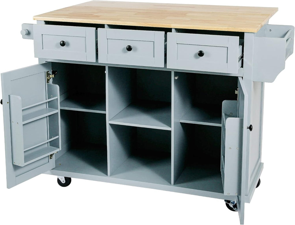 Blue Kitchen Cart with Rubber Wood Drop-Leaf Countertop V12662