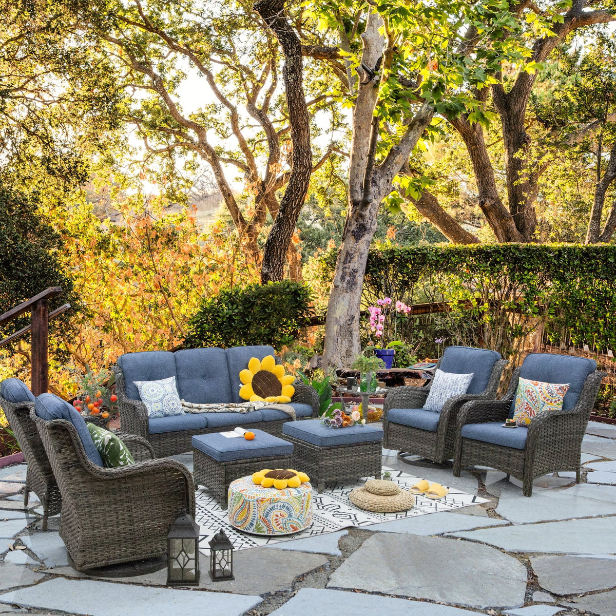 8 Pieces Outdoor Furniture Set with 3-Seat Sofa Swivel Rocking Chairs P4580