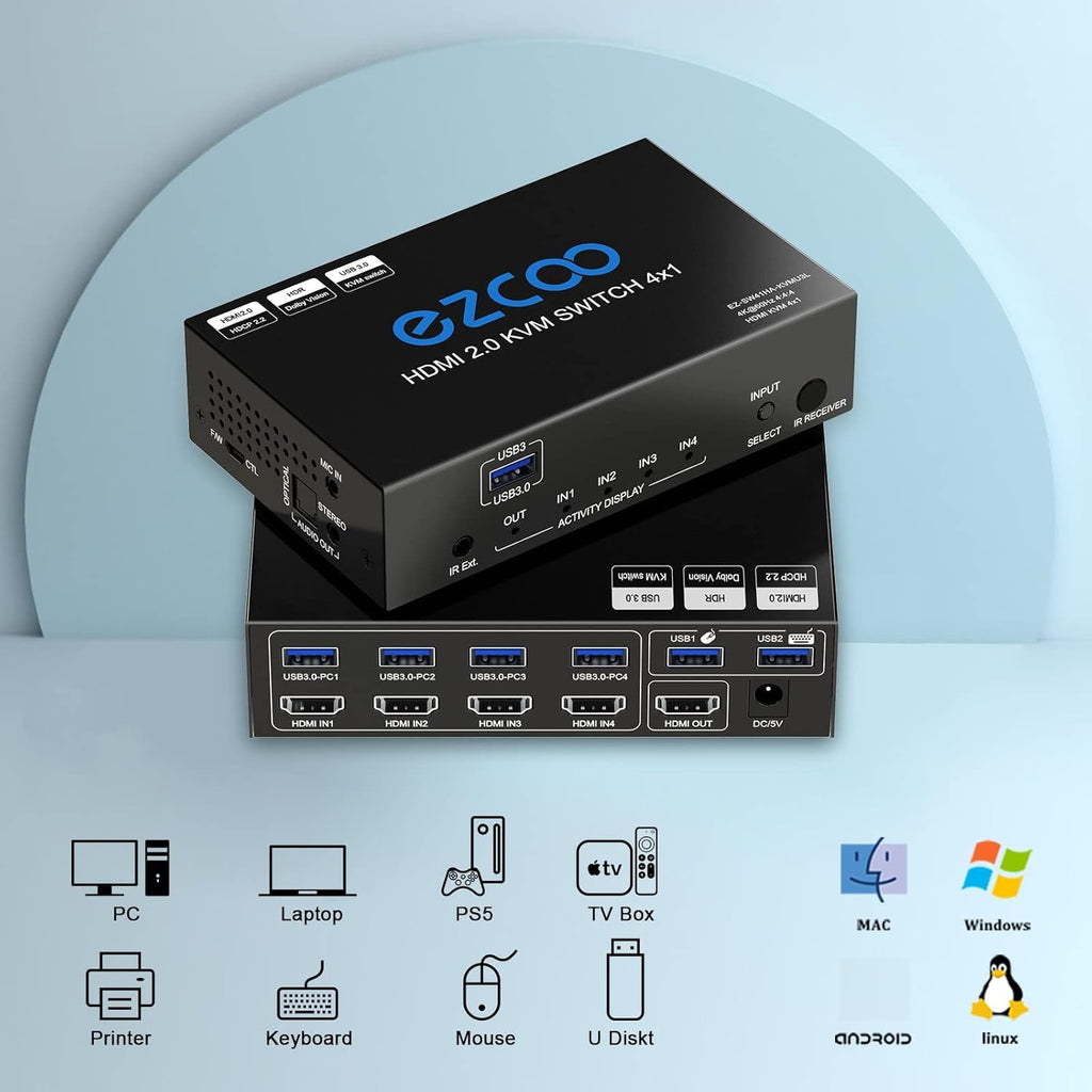 4-Port USB 3.0 KVM Switch HDMI 4K 60Hz with USB Peripheral Hub and IR Remote Q778657