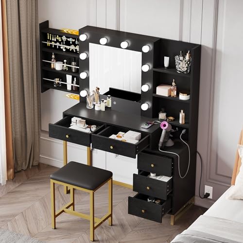 Black Makeup Vanity Desk with Mirror and Stool Q92945