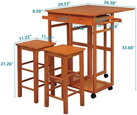 Drop Leaf Solid Wood Table and Stool Set with 2 Drawers L1972