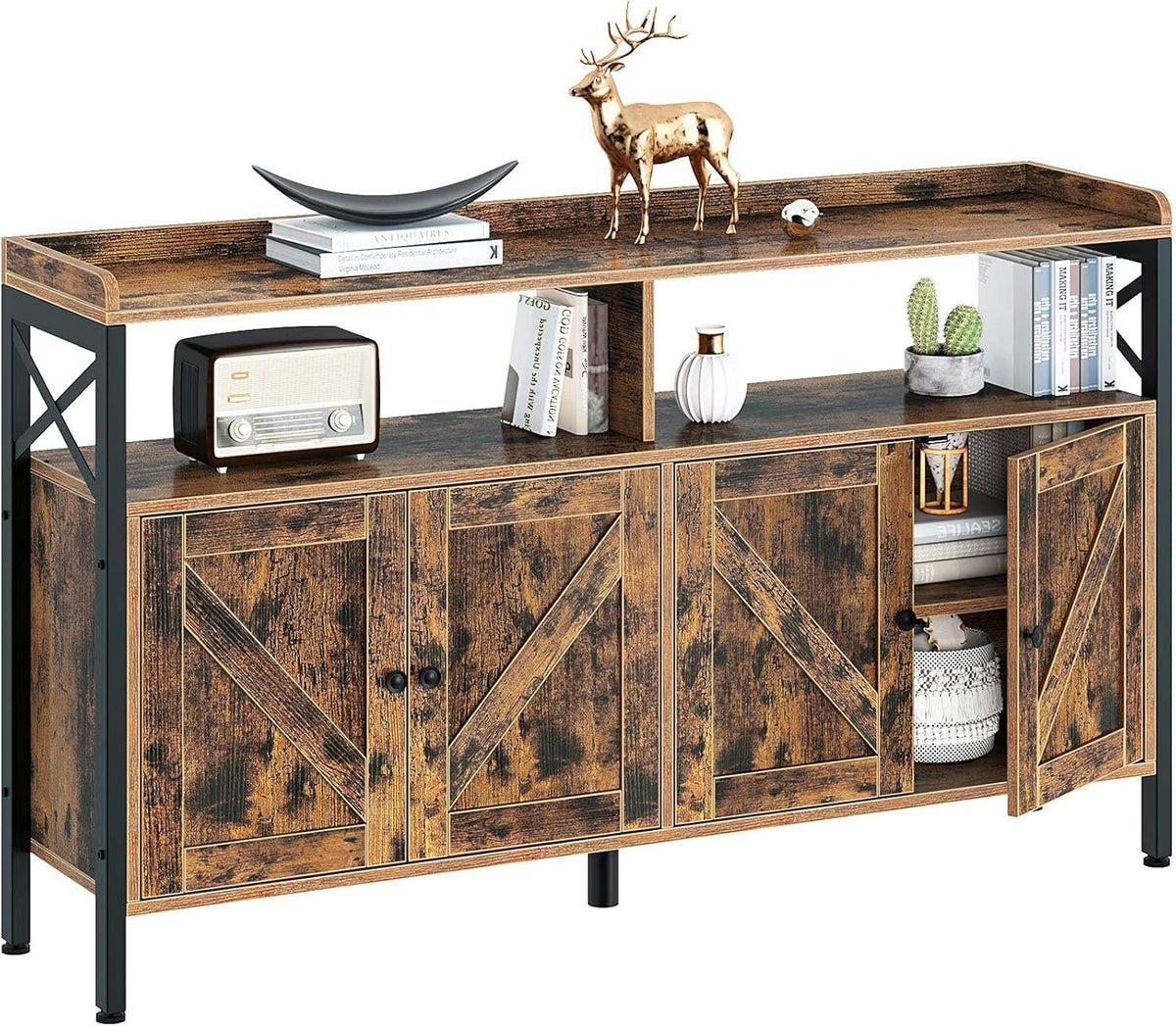 Rustic Brown 55Inch Console Table with Cabinet and Open Shelf L37146