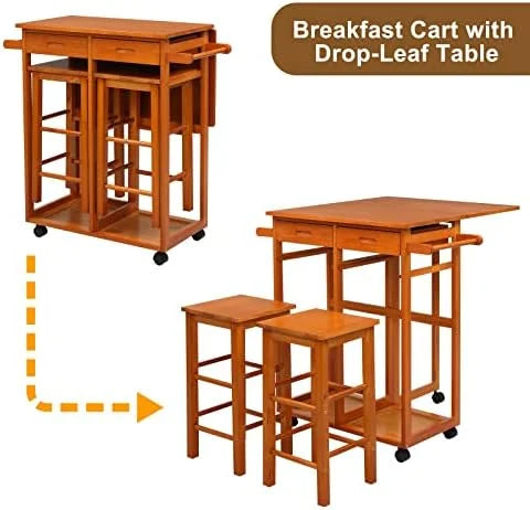 Drop Leaf Solid Wood Table and Stool Set with 2 Drawers L1972