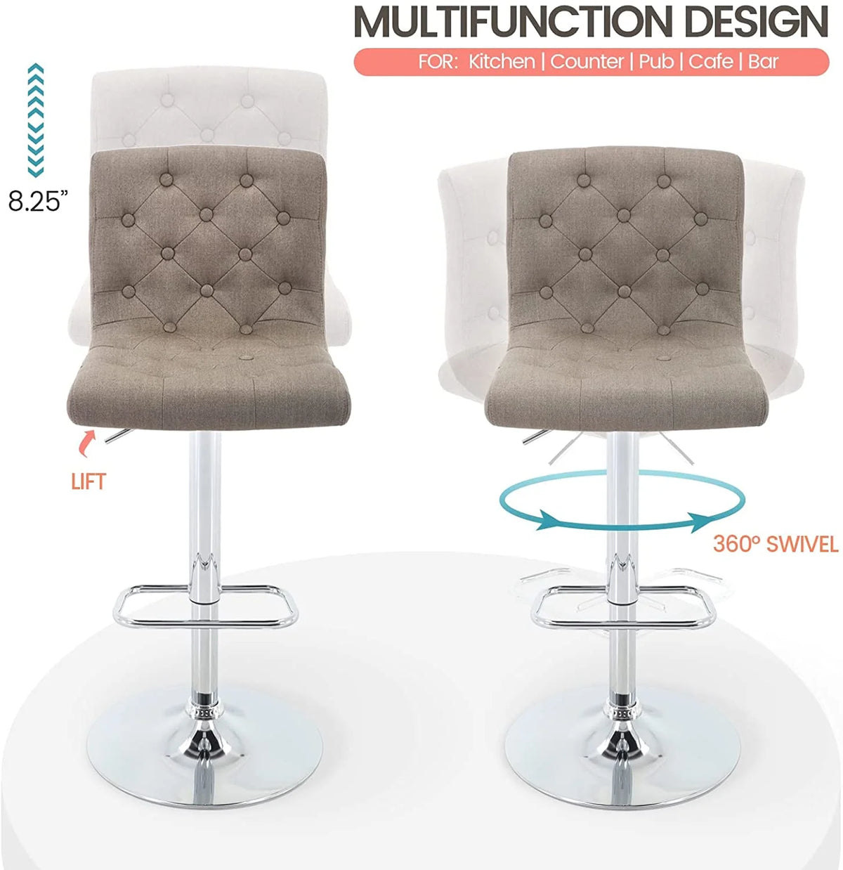Tufted Swivel Bar Stool with Back, Fabric Upholstered Armless Bar Chair V352