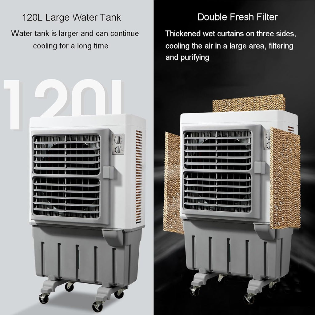 Commercial Evaporative Air Cooler Fan, 3-in-1 Swamp Cooler with 120L Water Tank, 3 Speeds A909