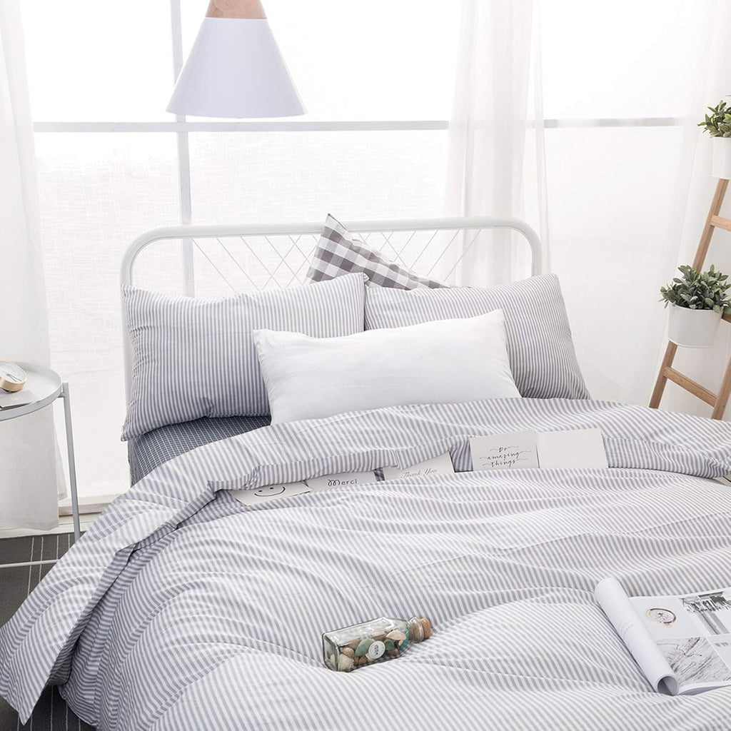 Gray White Striped 100% Cotton Duvet Cover Set, California King Size G315089