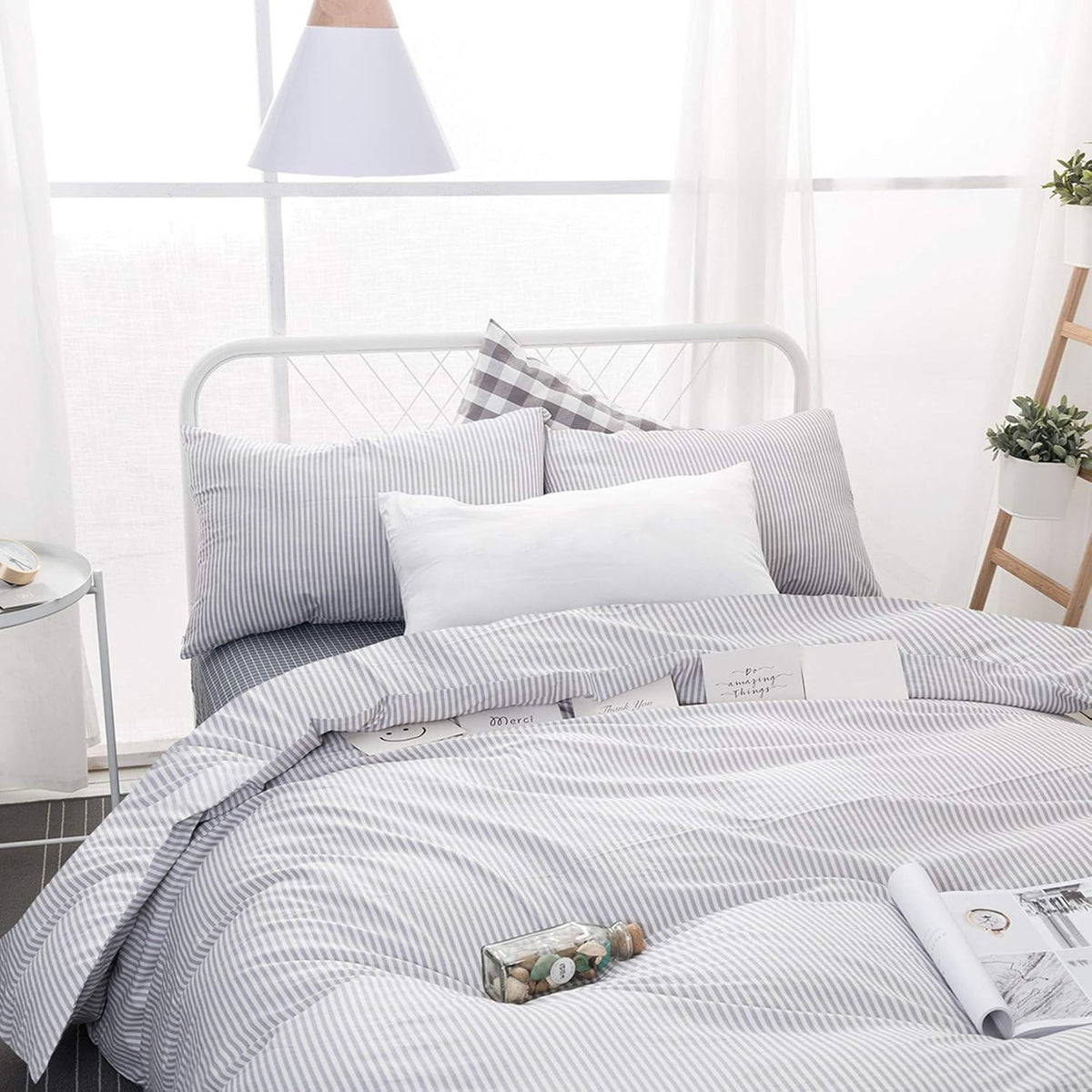Gray White Striped 100% Cotton Duvet Cover Set, California King Size G315089