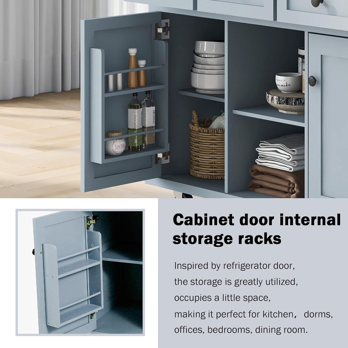 Blue Kitchen Cart with Rubber Wood Drop-Leaf Countertop V12662