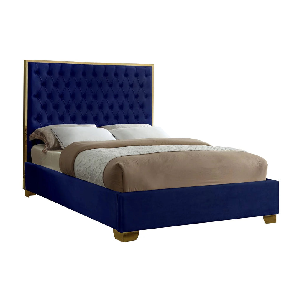 Solid Wood and Velvet King Bed in Navy E814832