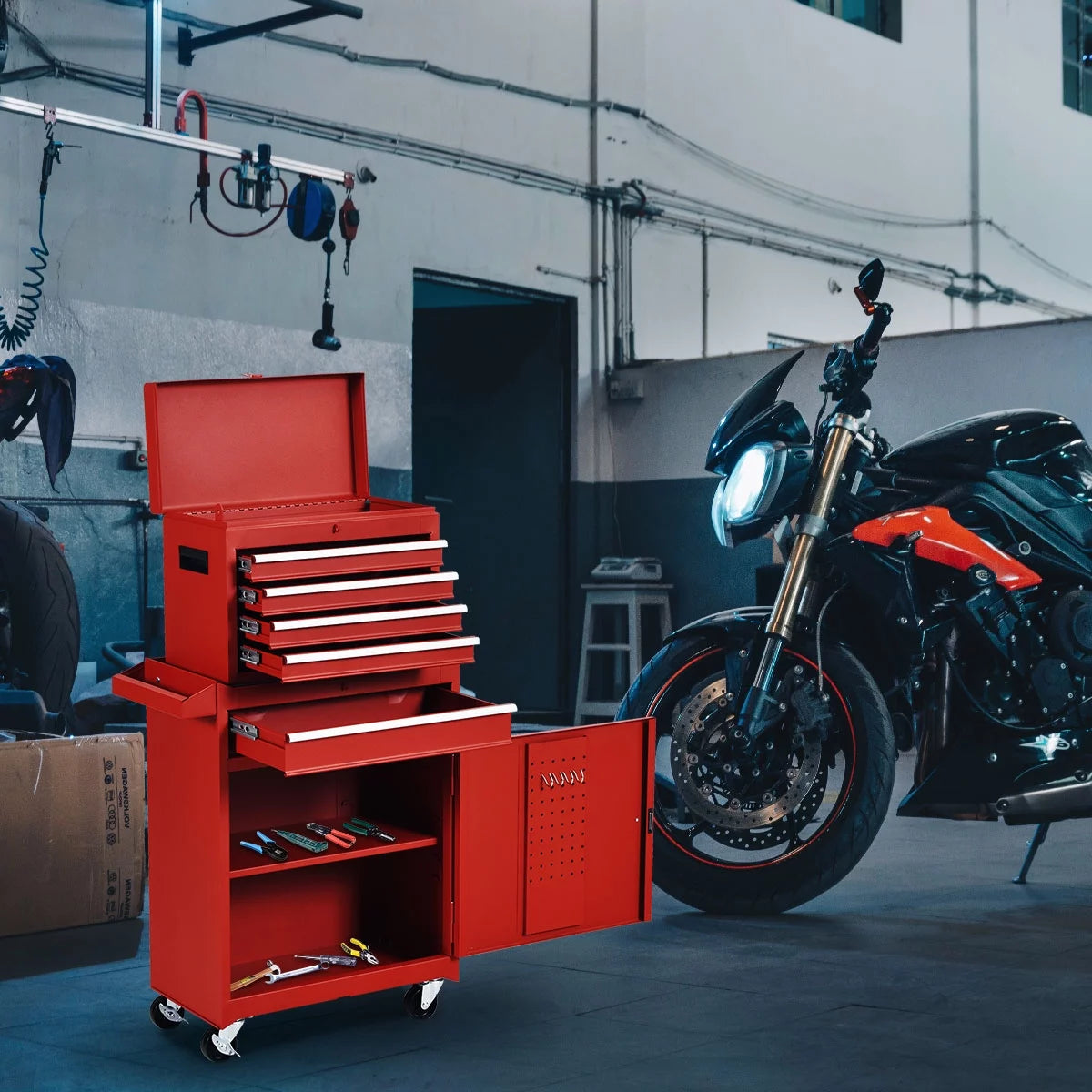 2 in 1 Tool Chest & Cabinet with 5 Sliding Drawers Red S375