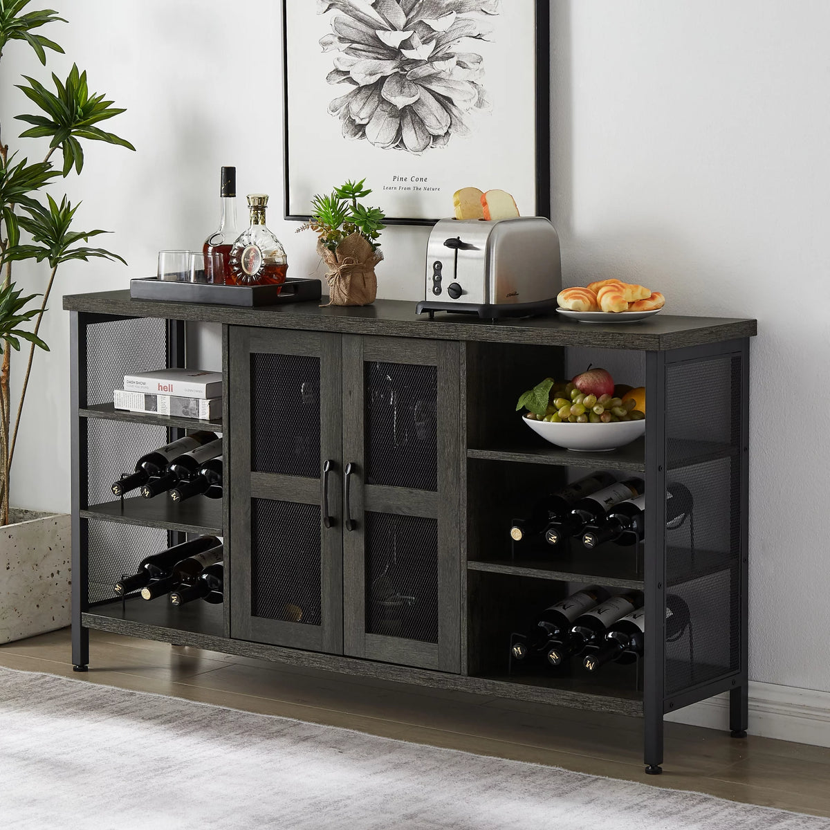Dark Gray Wood Wine Cabinet with Storage X83837