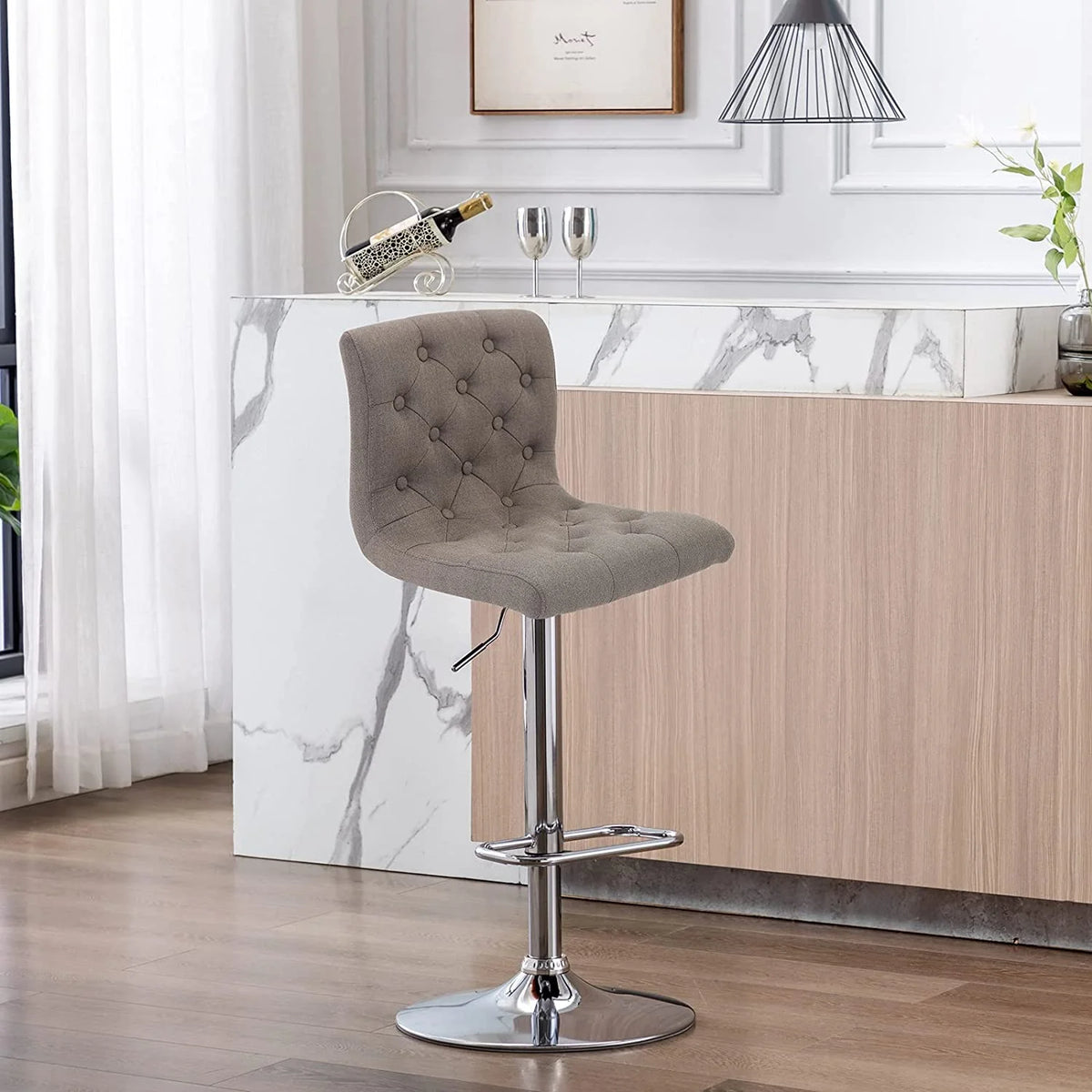 Tufted Swivel Bar Stool with Back, Fabric Upholstered Armless Bar Chair V352
