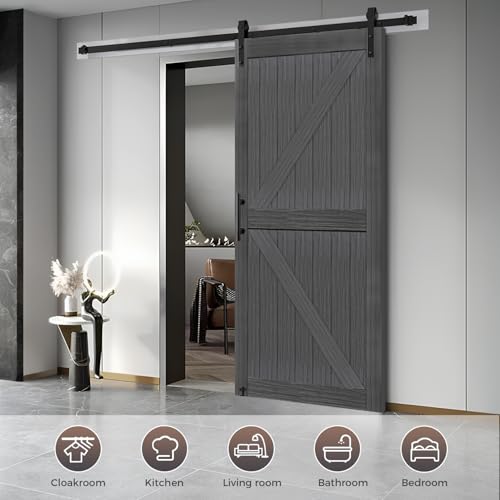 20 in x 84 in Elephant Gray Solid Wood Barn Door with Sliding Door Hardware Kit O13126