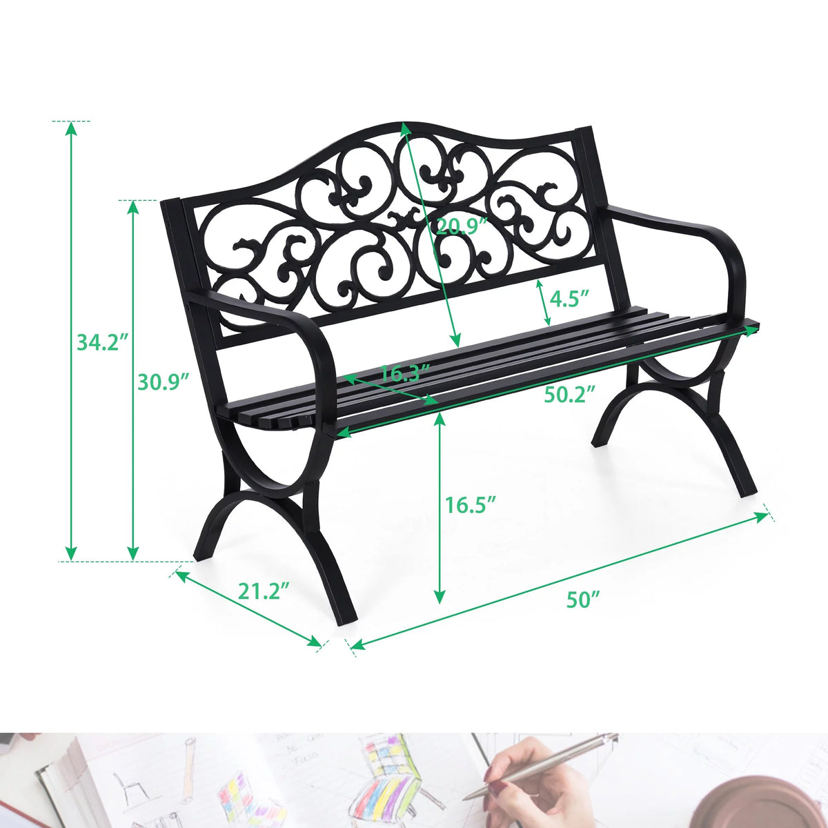 50" Outdoor Iron Cast Garden Park Bench - Black K21036