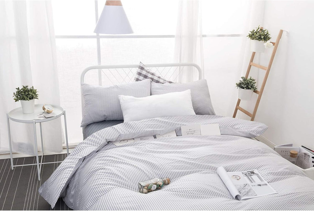 Gray White Striped 100% Cotton Duvet Cover Set, California King Size G315089
