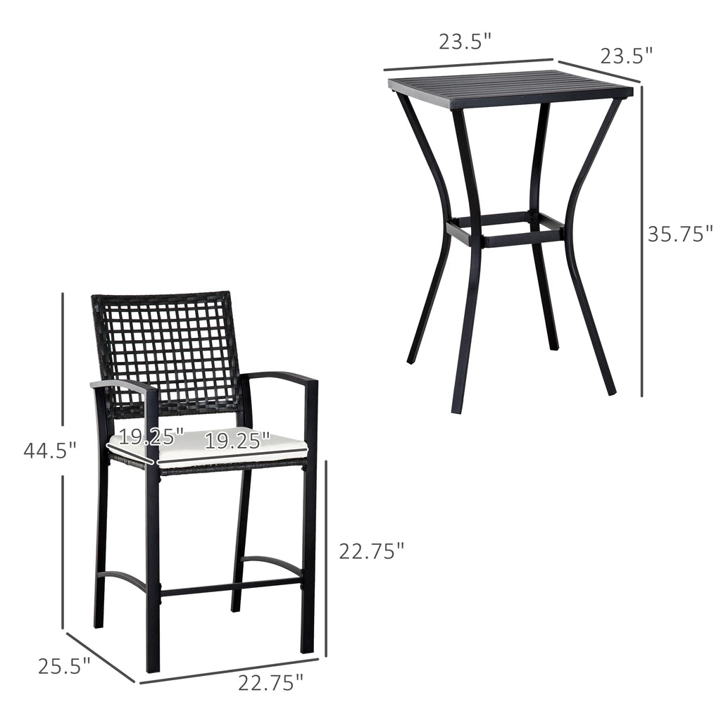 3 Pcs Rattan Wicker Patio Bar Set with Cushion U6159