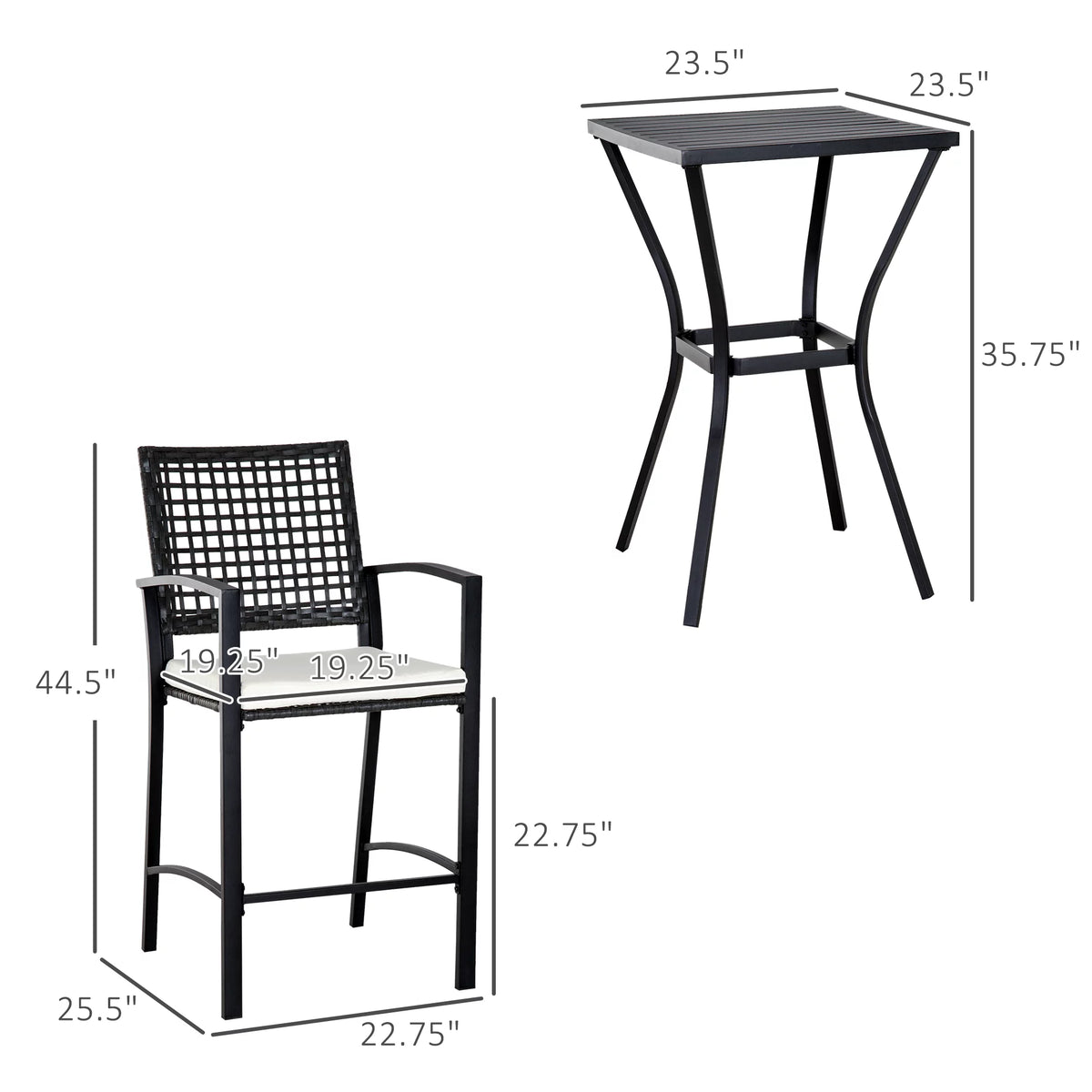 3 Pcs Rattan Wicker Patio Bar Set with Cushion U6159