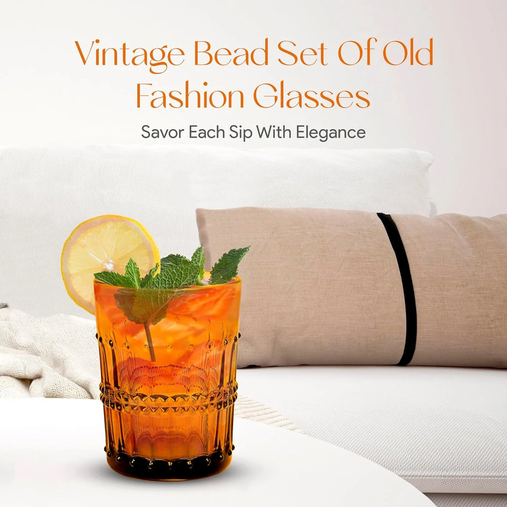 10 Oz Embossed Amber Beaded Whiskey Glasses Set Of 4 Z48653