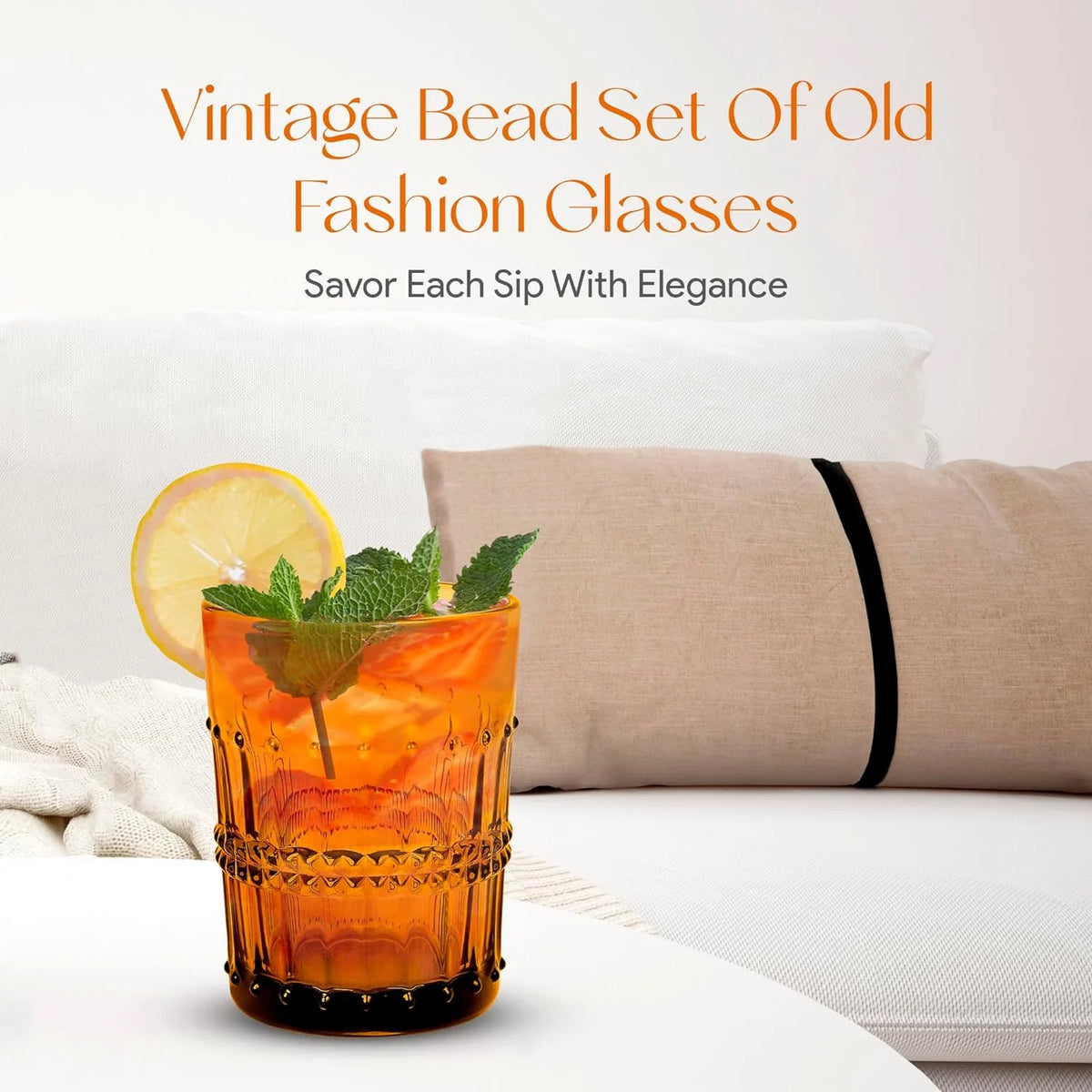 10 Oz Embossed Amber Beaded Whiskey Glasses Set Of 4 Z48653