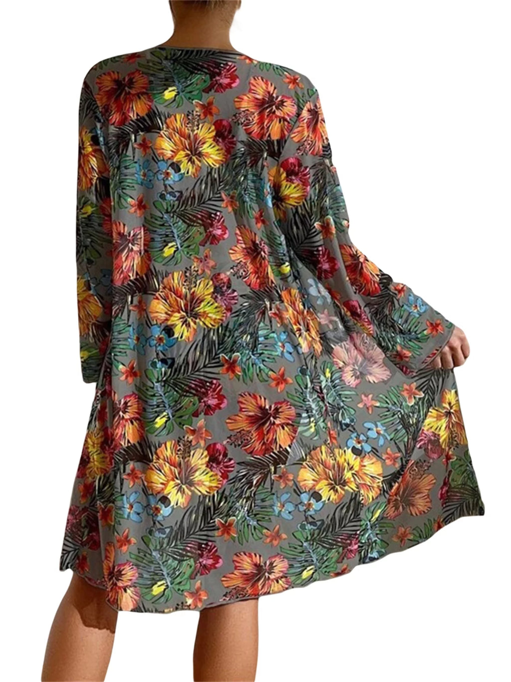 3 Pcs Floral Leaves Print Sling Padded Bra Thong Bottoms Long Sleeve Open Front Cover-Ups Bikini L4678