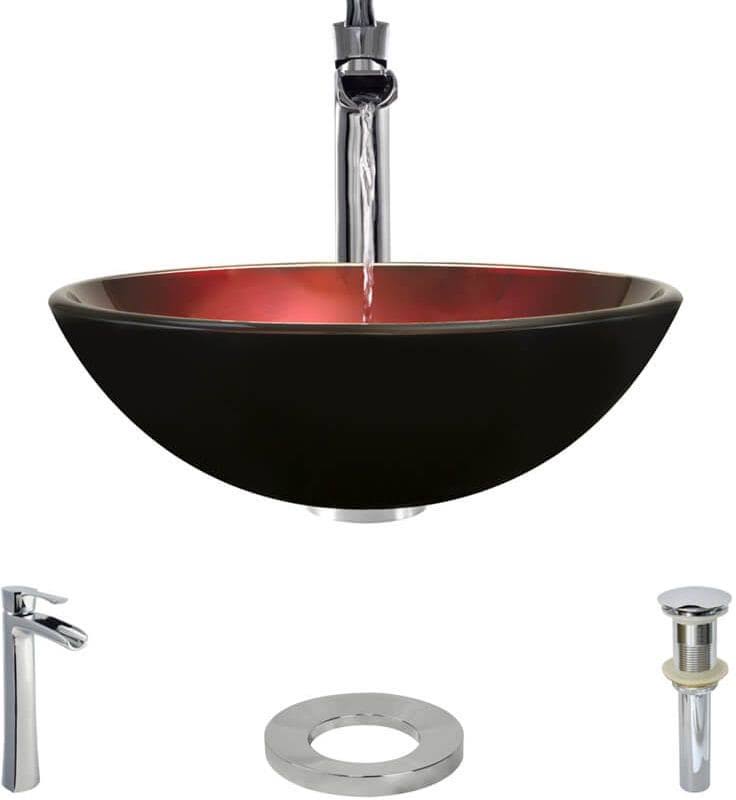Foil Undertone Glass Vessel Sink with Chrome Faucet and Drain C3495